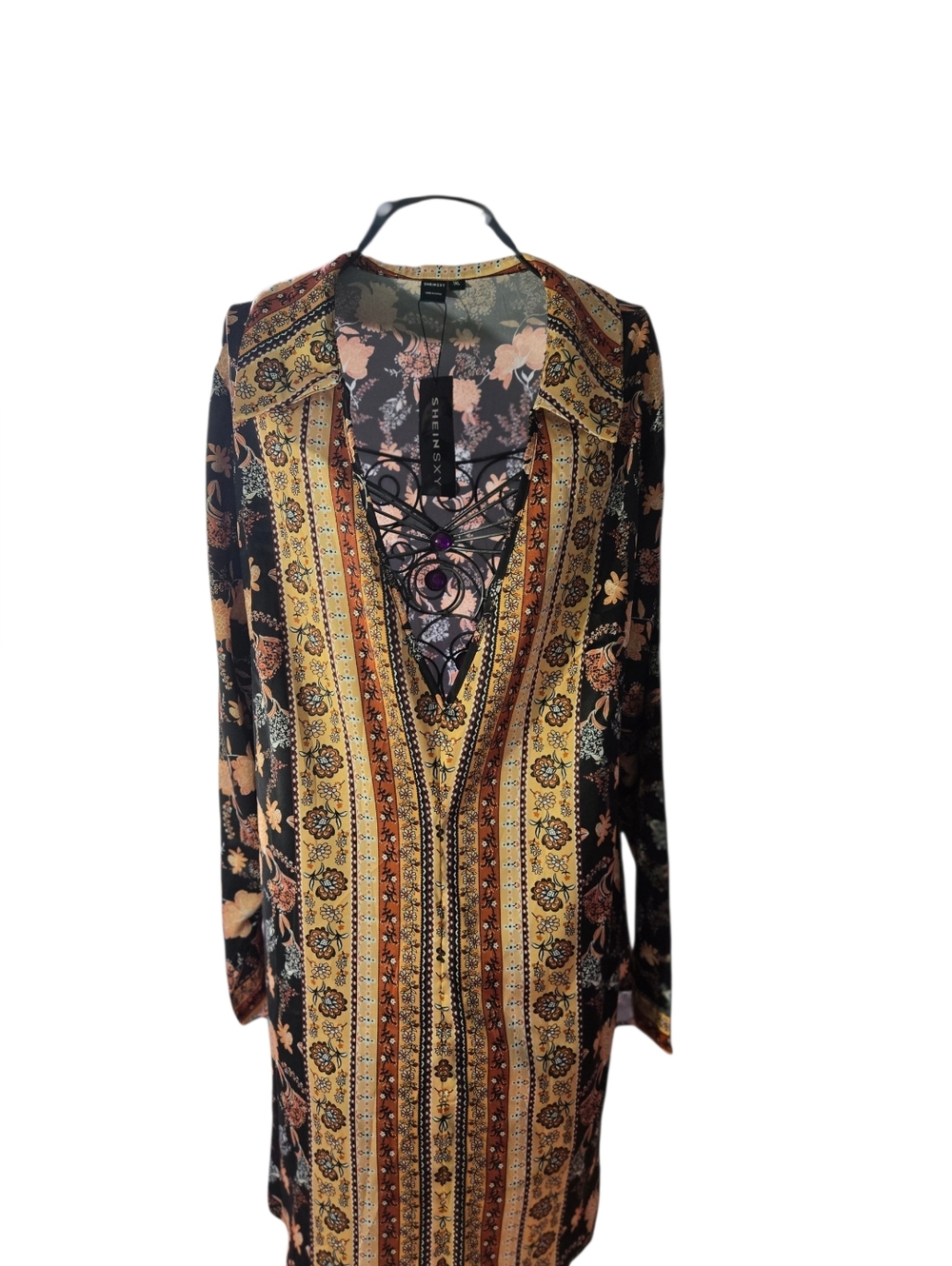 SHEIN SXY Boho Floral Mini Shirtdress or Tunic Top w Plunging Neckline